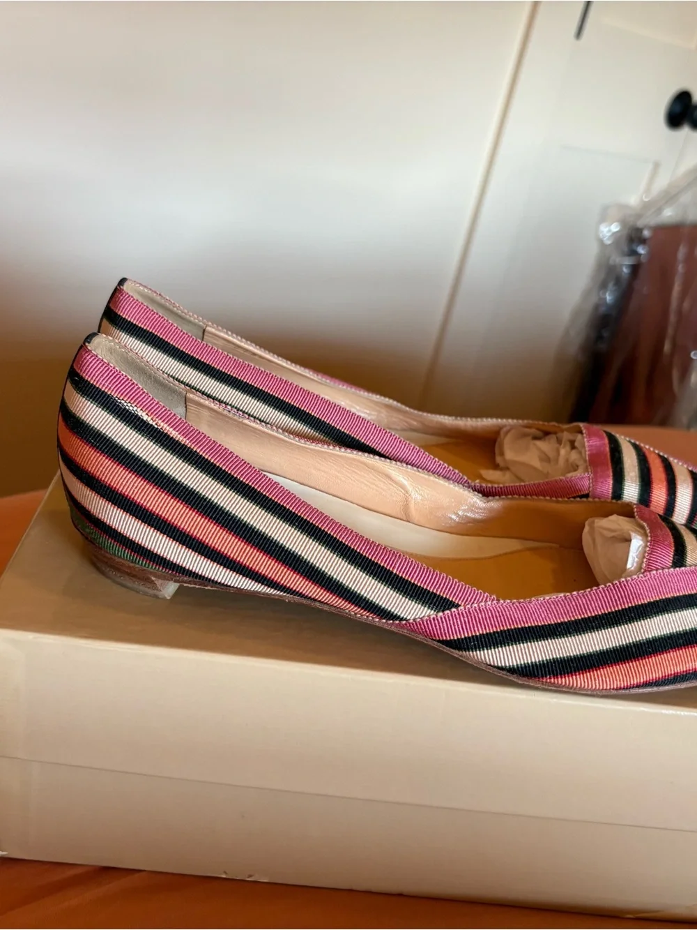 Sergio Rossi Striped Pointed-Toe Flats in Pink, Black & Cream